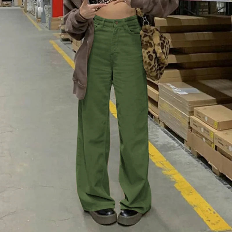 Women Casual Pants Retro Vintage Corduroy Spring High Waist Loose Slim Solid Casual All-match Straight-Leg Pants