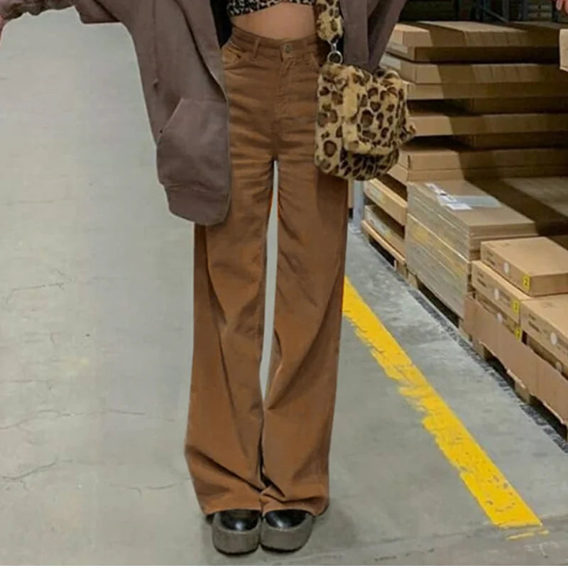 Women Casual Pants Retro Vintage Corduroy Spring High Waist Loose Slim Solid Casual All-match Straight-Leg Pants