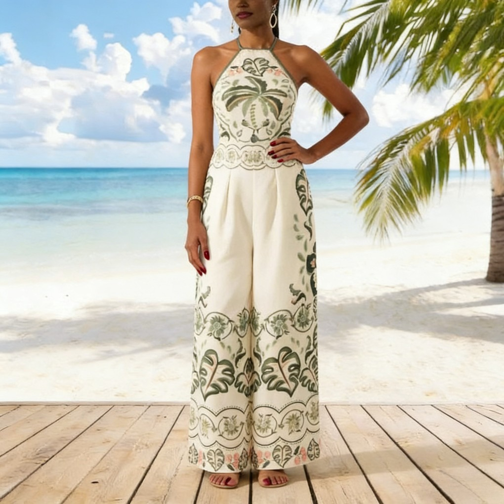 Trendy Sexy Printed Halter Wide-Leg Jumpsuit